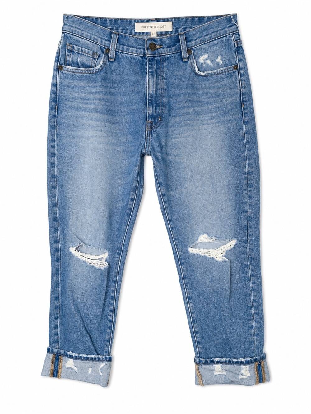 Current Elliott Distressed Boyfriend Jeans Rolled Cuff Relaxed Fit Light Wash 28